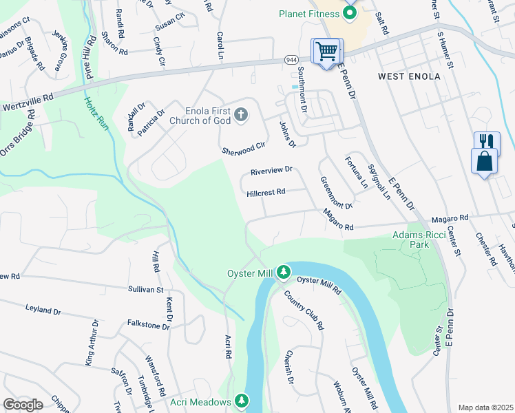 map of restaurants, bars, coffee shops, grocery stores, and more near 23 Hillcrest Road in Enola