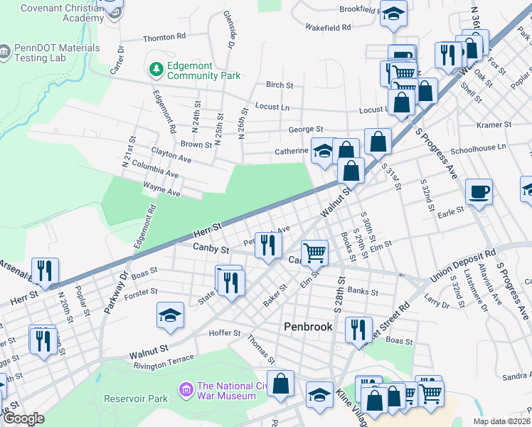 map of restaurants, bars, coffee shops, grocery stores, and more near 2599 Herr Street in Harrisburg