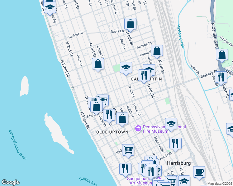 map of restaurants, bars, coffee shops, grocery stores, and more near 320 Woodbine Street in Harrisburg