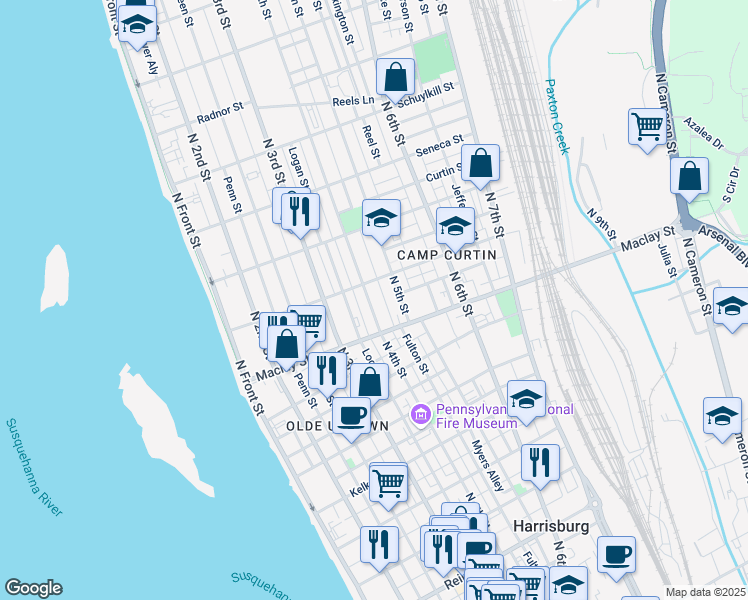 map of restaurants, bars, coffee shops, grocery stores, and more near 2139 North 4th Street in Harrisburg