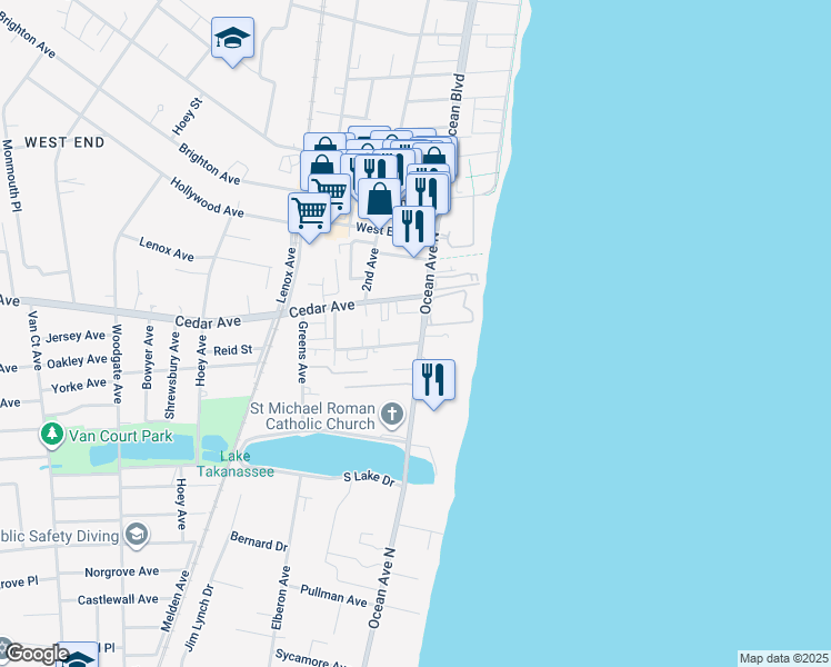 map of restaurants, bars, coffee shops, grocery stores, and more near 2 Waterview in Long Branch