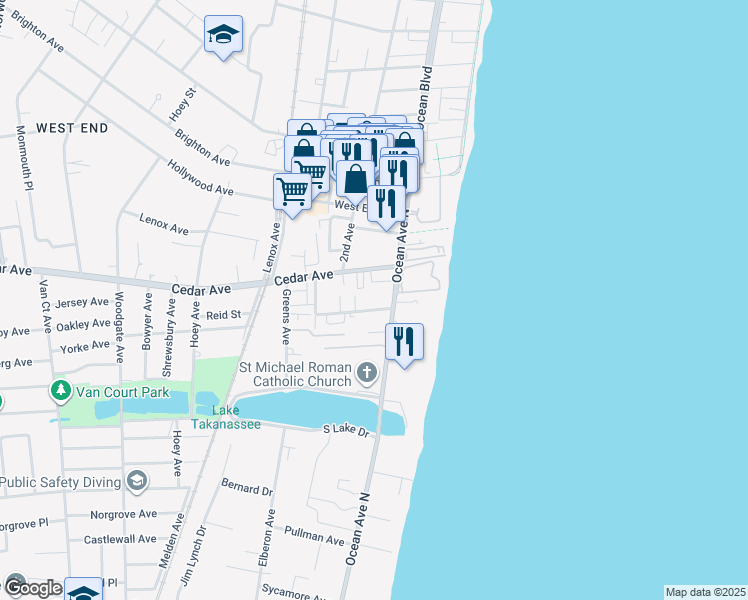 map of restaurants, bars, coffee shops, grocery stores, and more near 36 Cedar Avenue in Long Branch