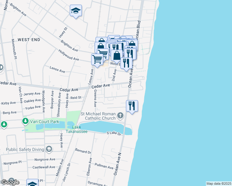 map of restaurants, bars, coffee shops, grocery stores, and more near 36 Cedar Avenue in Long Branch