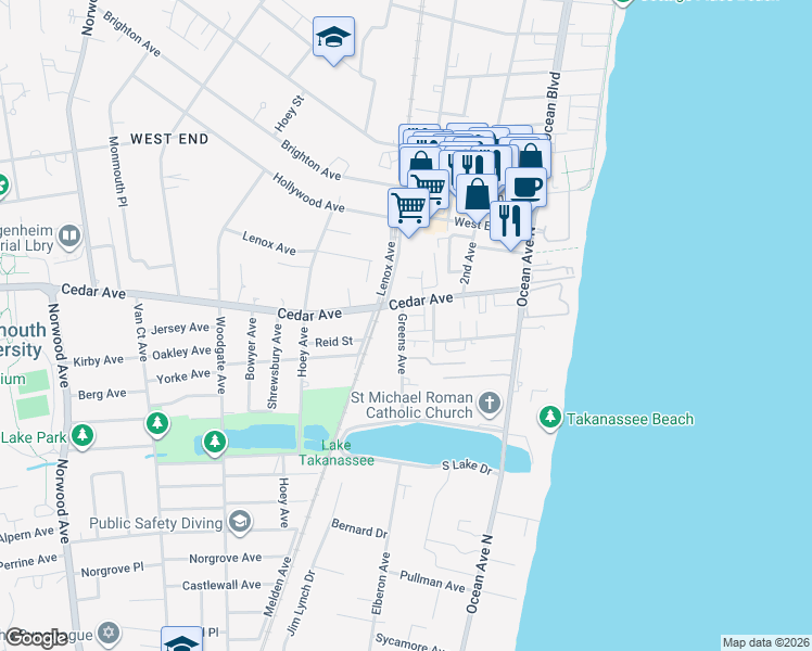 map of restaurants, bars, coffee shops, grocery stores, and more near 96 Cedar Avenue in Long Branch