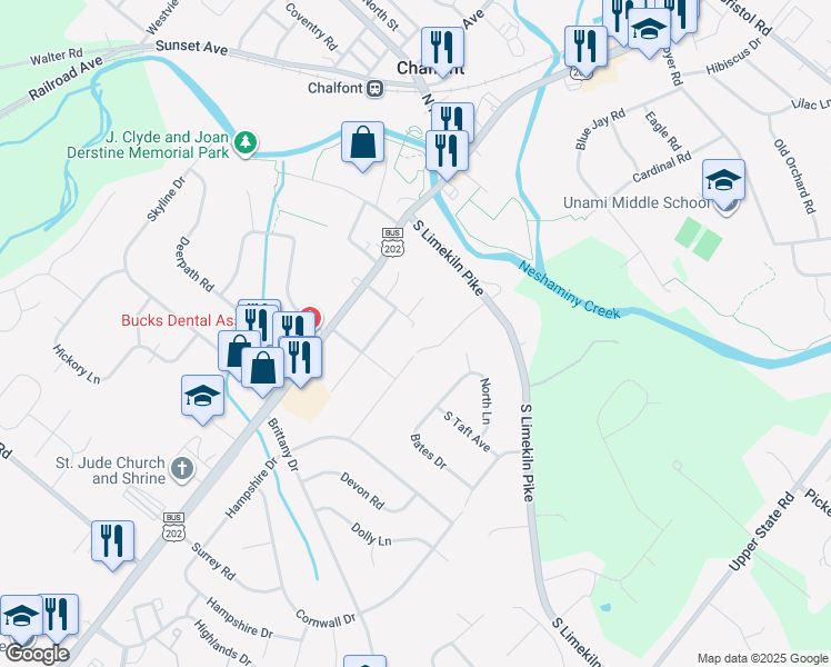 map of restaurants, bars, coffee shops, grocery stores, and more near 22 Wilson Avenue in Chalfont