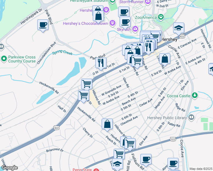 map of restaurants, bars, coffee shops, grocery stores, and more near 512 West Caracas Avenue in Hershey