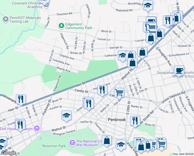 map of restaurants, bars, coffee shops, grocery stores, and more near 2599 Herr Street in Harrisburg