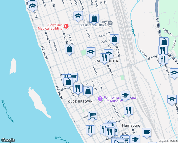 map of restaurants, bars, coffee shops, grocery stores, and more near in Harrisburg