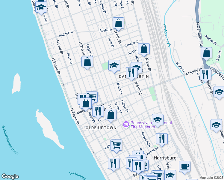 map of restaurants, bars, coffee shops, grocery stores, and more near in Harrisburg
