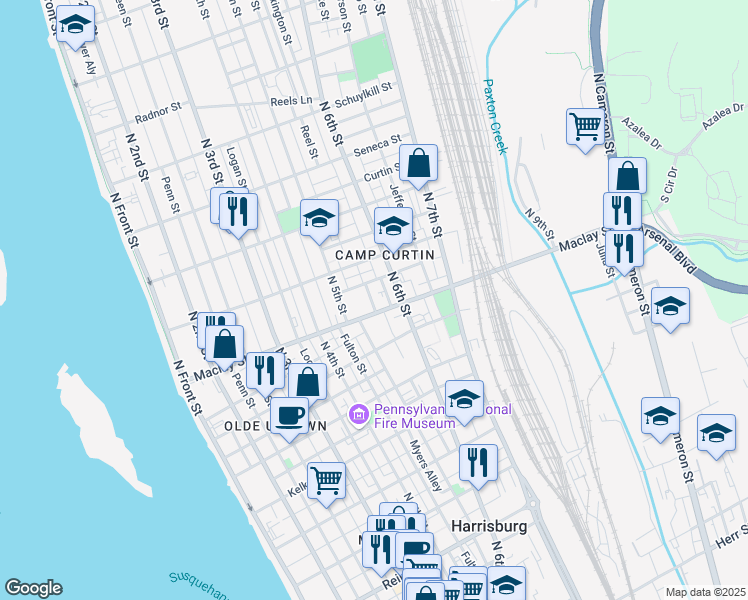 map of restaurants, bars, coffee shops, grocery stores, and more near 2111 Moore Street in Harrisburg