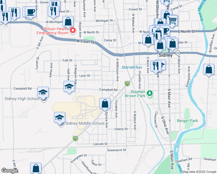 map of restaurants, bars, coffee shops, grocery stores, and more near 527 Rauth Street in Sidney