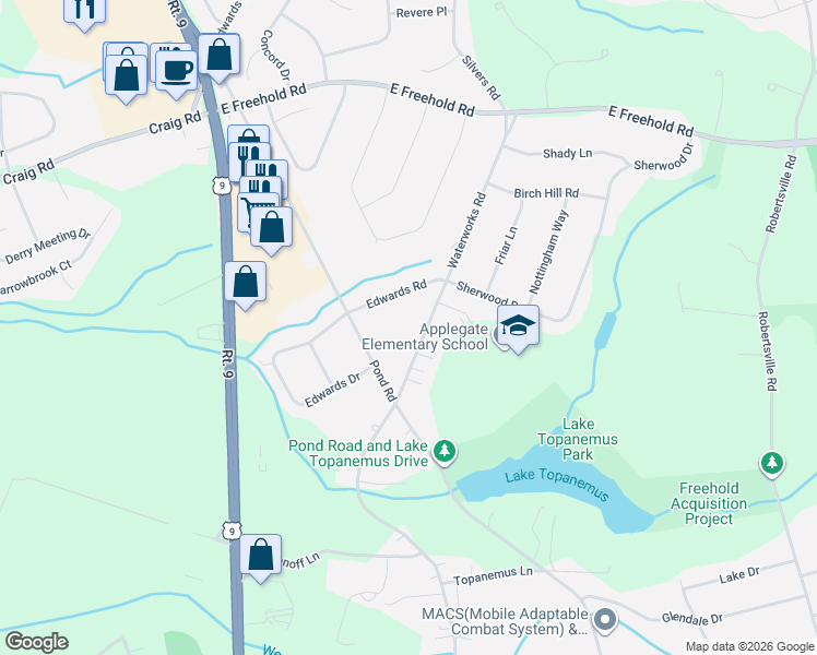 map of restaurants, bars, coffee shops, grocery stores, and more near 836 Waterworks Road in Freehold