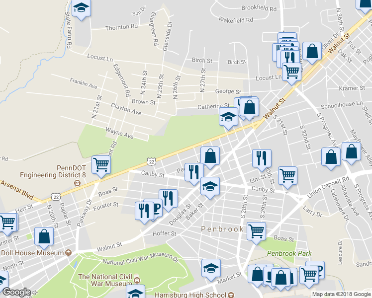 map of restaurants, bars, coffee shops, grocery stores, and more near 2529 Herr Street in Penbrook
