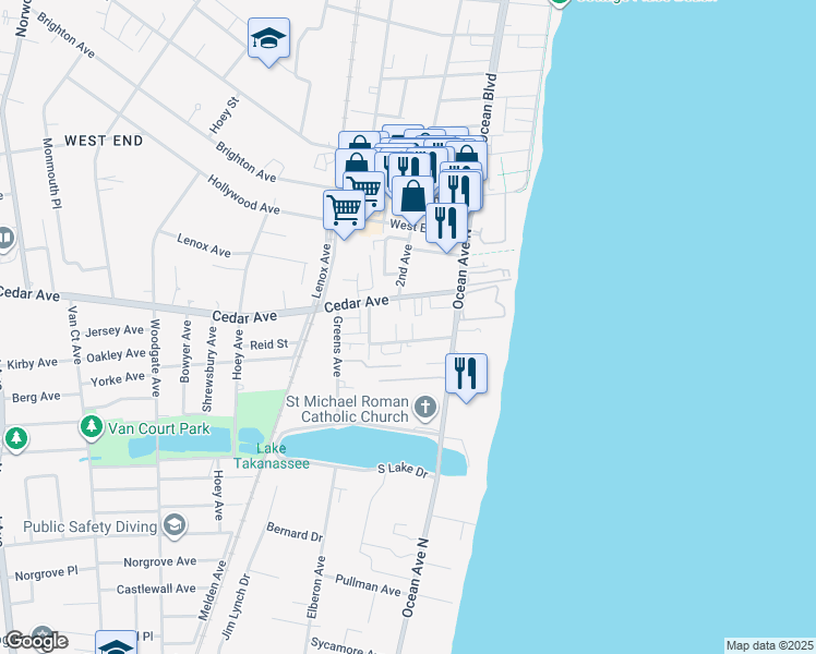 map of restaurants, bars, coffee shops, grocery stores, and more near 35 Sternberger Avenue in Long Branch