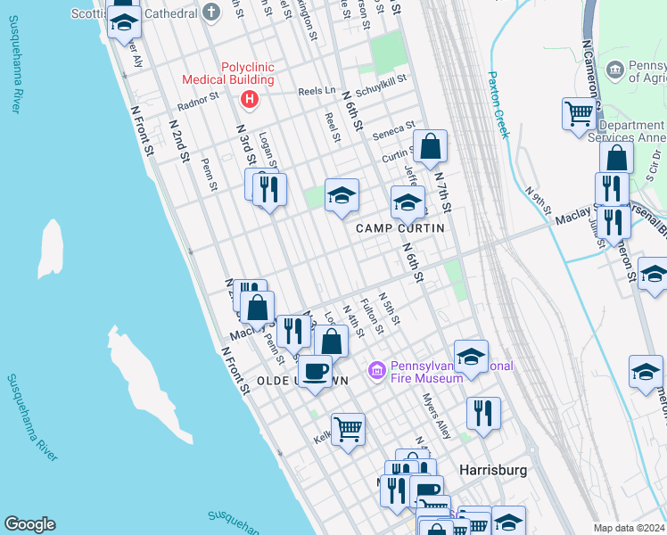 map of restaurants, bars, coffee shops, grocery stores, and more near 2141 North 4th Street in Harrisburg