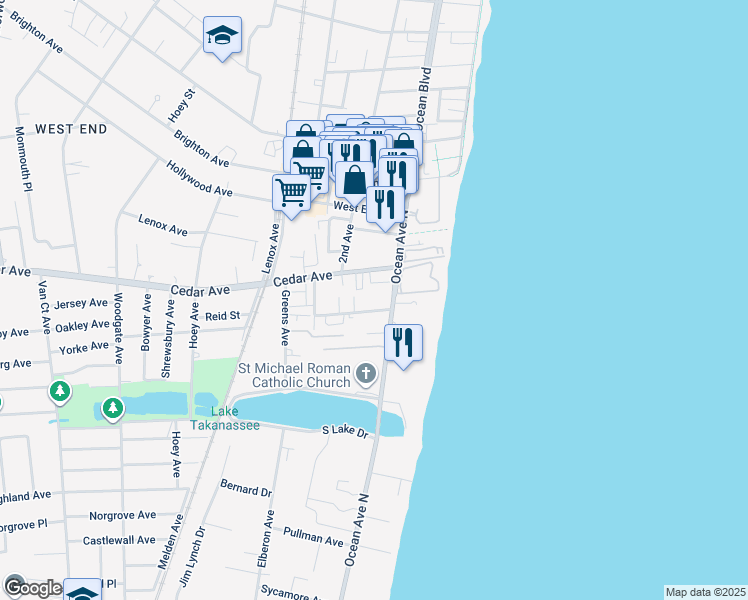 map of restaurants, bars, coffee shops, grocery stores, and more near 36 Cedar Avenue in Long Branch