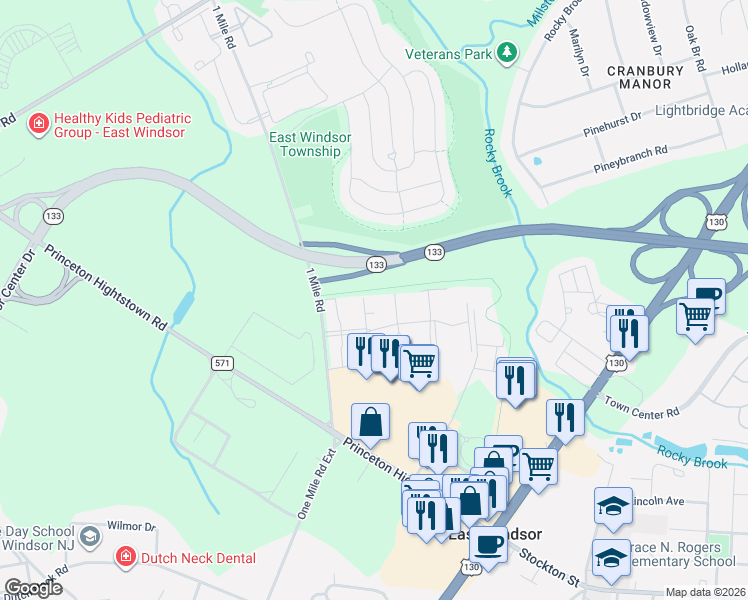 map of restaurants, bars, coffee shops, grocery stores, and more near 124 F The Orchards in East Windsor