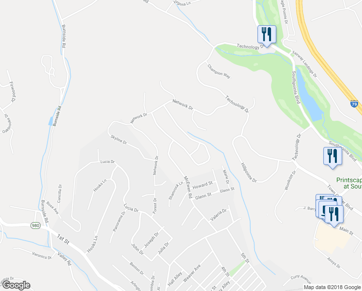 map of restaurants, bars, coffee shops, grocery stores, and more near 1052 Breezewood Drive in Canonsburg