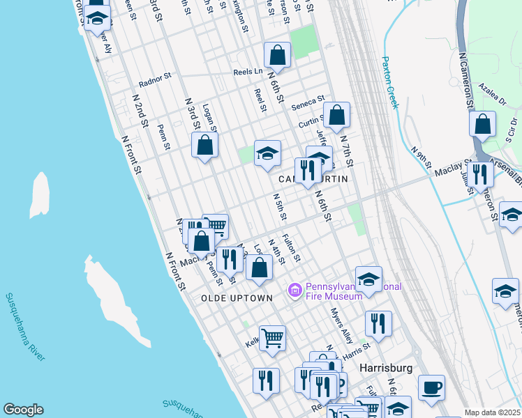 map of restaurants, bars, coffee shops, grocery stores, and more near 2143 North 4th Street in Harrisburg
