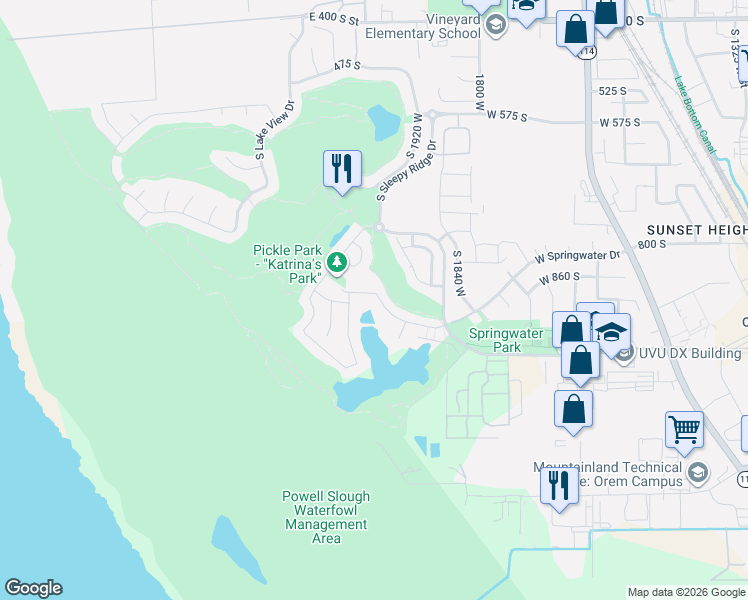 map of restaurants, bars, coffee shops, grocery stores, and more near 1963 West Golden Pond Way in Orem
