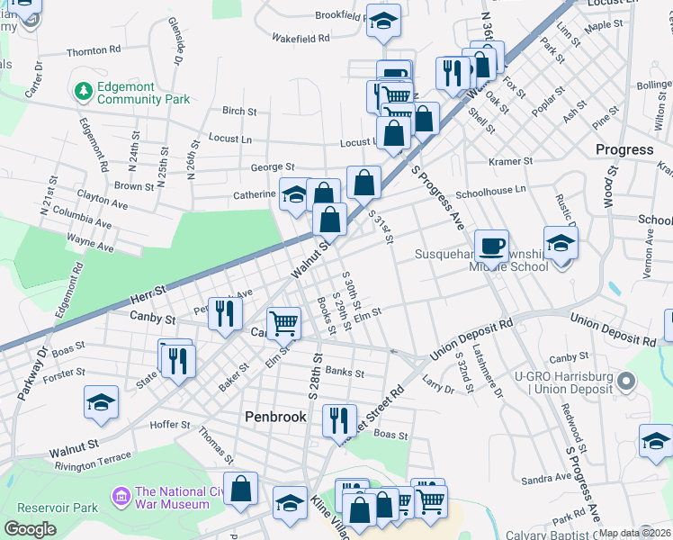 map of restaurants, bars, coffee shops, grocery stores, and more near 2918 Penbrook Avenue in Harrisburg