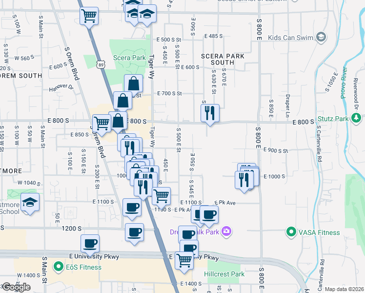 map of restaurants, bars, coffee shops, grocery stores, and more near 876 South 550 East in Orem