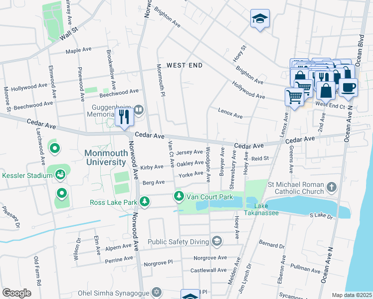 map of restaurants, bars, coffee shops, grocery stores, and more near 308 Cedar Avenue in Long Branch