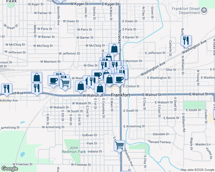 map of restaurants, bars, coffee shops, grocery stores, and more near 5 West Clinton Street in Frankfort