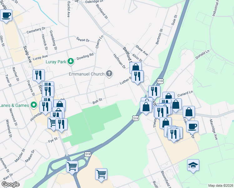 map of restaurants, bars, coffee shops, grocery stores, and more near 499 Bob Street in Johnstown