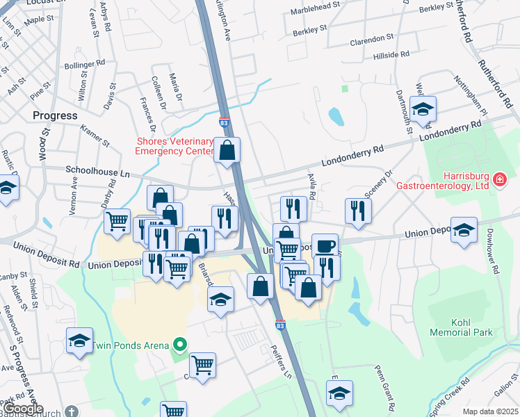 map of restaurants, bars, coffee shops, grocery stores, and more near 1008 Eaglecrest Court in Harrisburg
