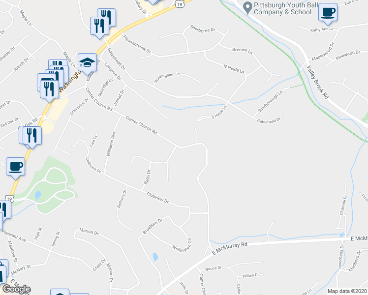 map of restaurants, bars, coffee shops, grocery stores, and more near 243 Center Church Road in Canonsburg
