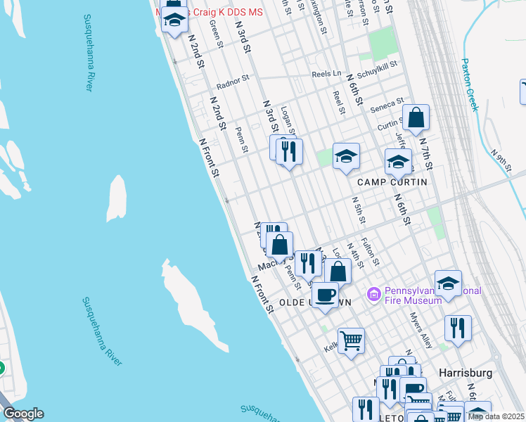 map of restaurants, bars, coffee shops, grocery stores, and more near 2224 Penn Street in Harrisburg