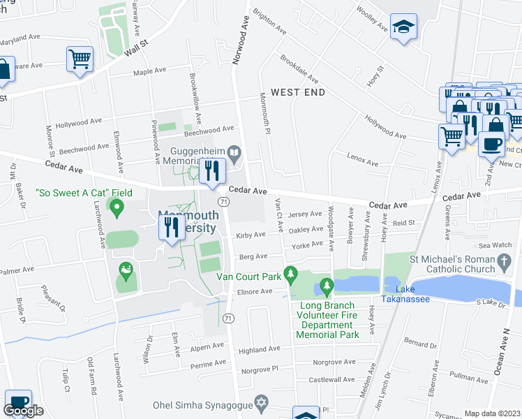 map of restaurants, bars, coffee shops, grocery stores, and more near 366 Cedar Avenue in Long Branch