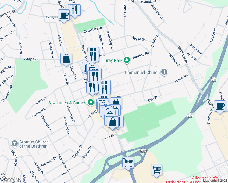 map of restaurants, bars, coffee shops, grocery stores, and more near 108 Old Colony Drive in Johnstown