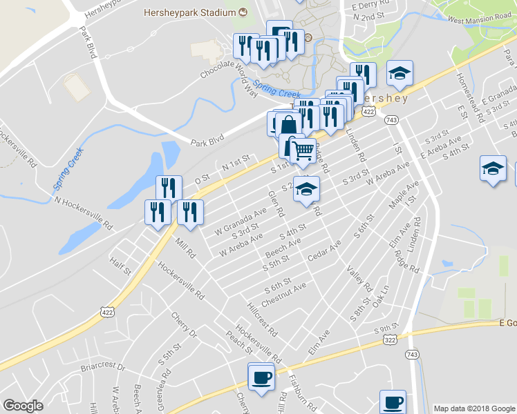 map of restaurants, bars, coffee shops, grocery stores, and more near 427 West Granada Avenue in Hershey