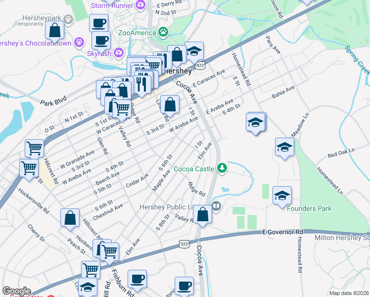 map of restaurants, bars, coffee shops, grocery stores, and more near 113 Maple Avenue in Hershey