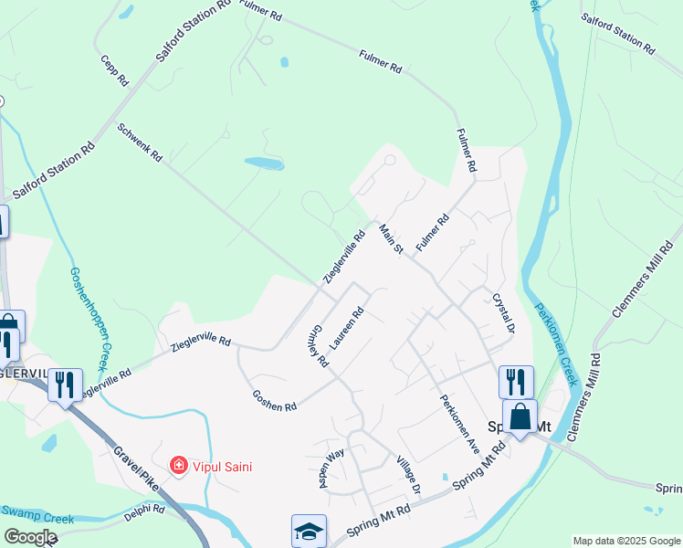 map of restaurants, bars, coffee shops, grocery stores, and more near 275 Zieglerville Road in Schwenksville