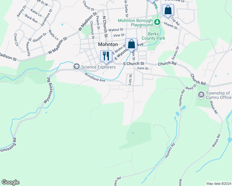 map of restaurants, bars, coffee shops, grocery stores, and more near 4 Park Street in Mohnton