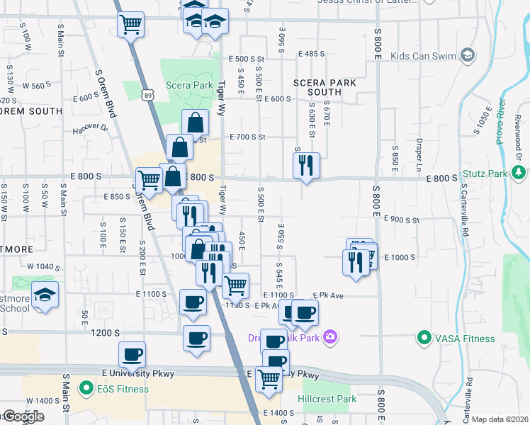 map of restaurants, bars, coffee shops, grocery stores, and more near 895 South 500 East in Orem