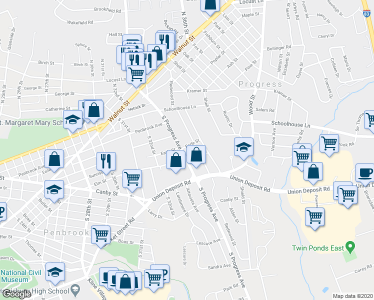 map of restaurants, bars, coffee shops, grocery stores, and more near 300 South Progress Avenue in Harrisburg