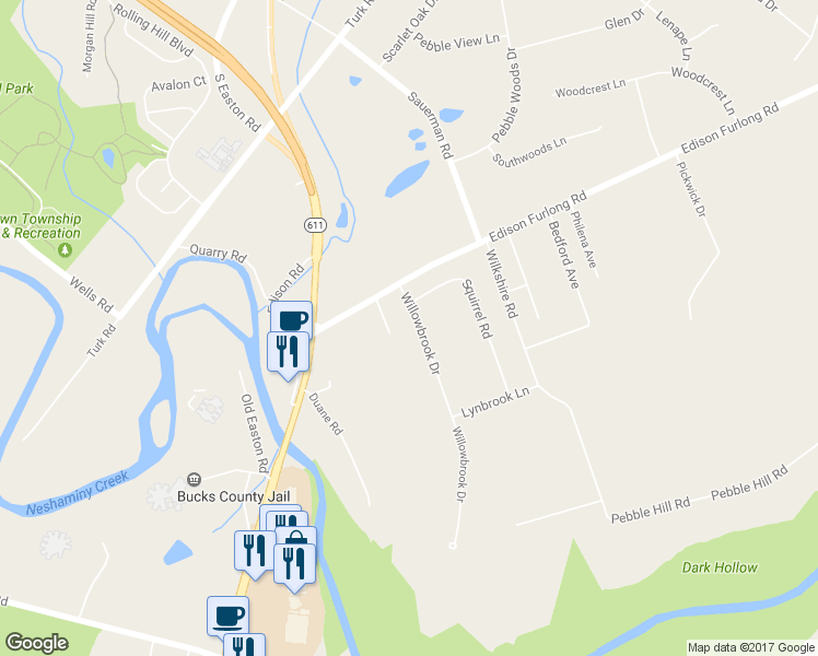 map of restaurants, bars, coffee shops, grocery stores, and more near 26 Willowbrook Drive in Doylestown