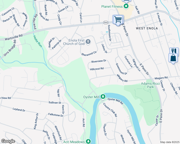 map of restaurants, bars, coffee shops, grocery stores, and more near 23 Hillcrest Rd in Enola