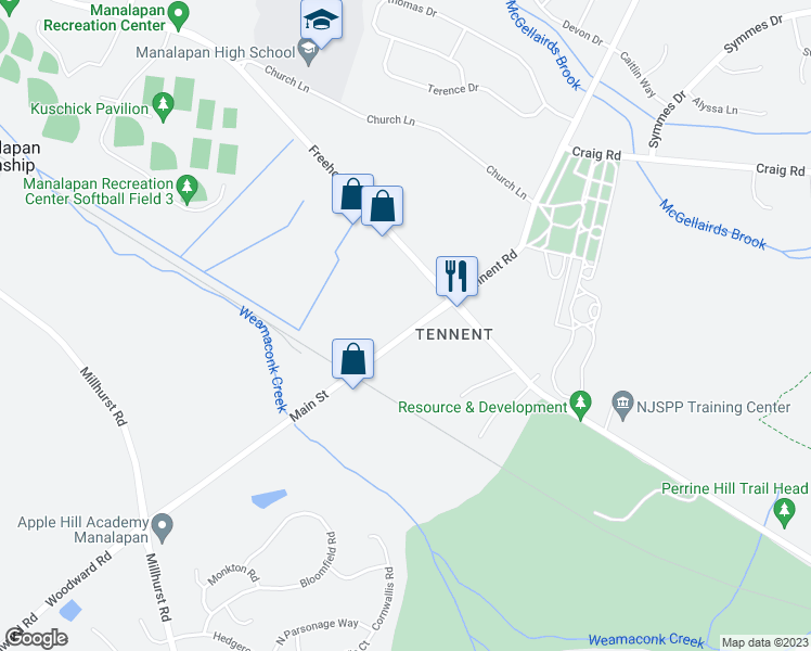 map of restaurants, bars, coffee shops, grocery stores, and more near 409 Main Street in Manalapan Township
