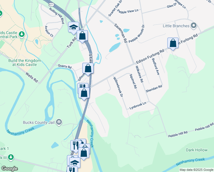 map of restaurants, bars, coffee shops, grocery stores, and more near 135 Edison Furlong Road in Doylestown