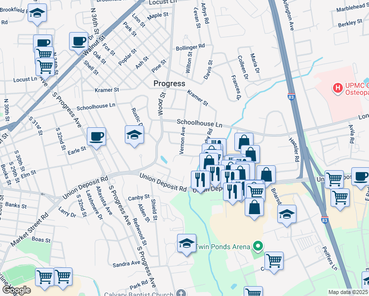 map of restaurants, bars, coffee shops, grocery stores, and more near 3801 Bonnybrook Road in Harrisburg