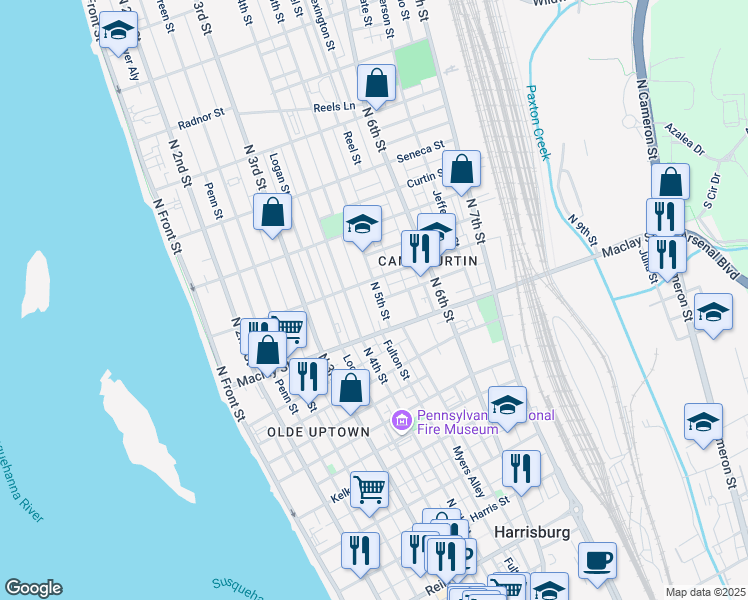 map of restaurants, bars, coffee shops, grocery stores, and more near 2141 North 5th Street in Harrisburg