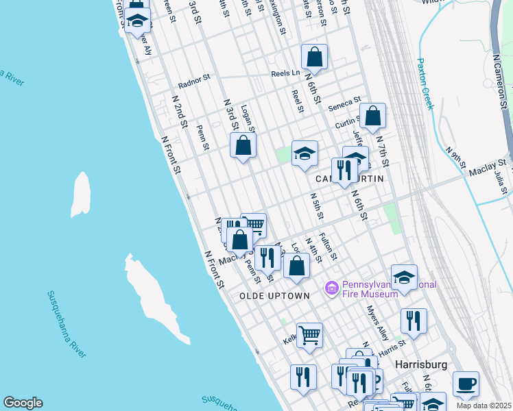 map of restaurants, bars, coffee shops, grocery stores, and more near 2206 Susquehanna Street in Harrisburg