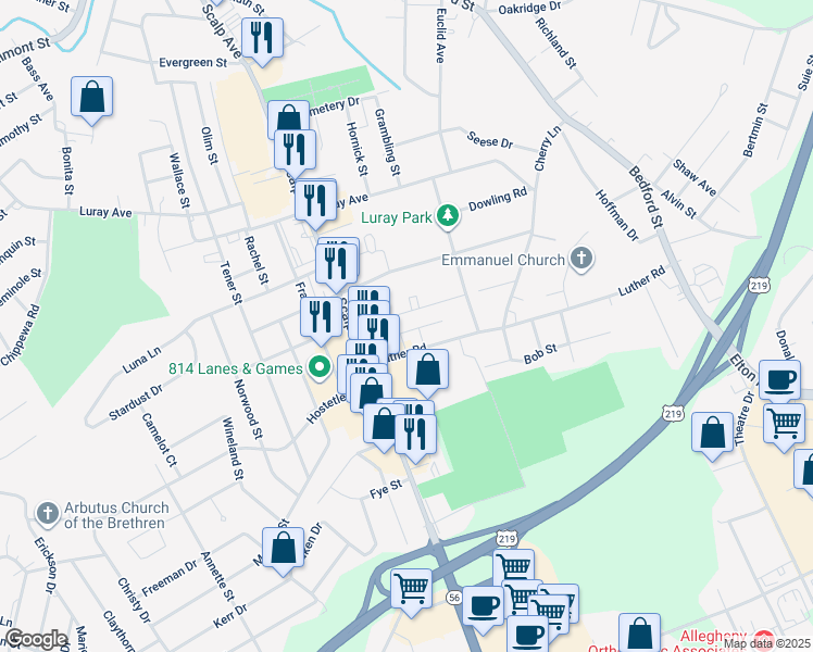map of restaurants, bars, coffee shops, grocery stores, and more near 108 Old Colony Drive in Johnstown