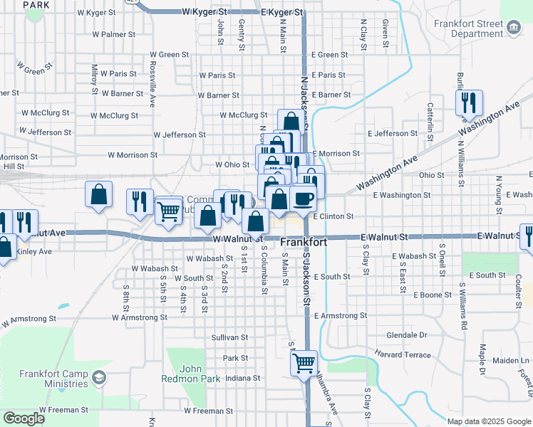 map of restaurants, bars, coffee shops, grocery stores, and more near 5 West Clinton Street in Frankfort