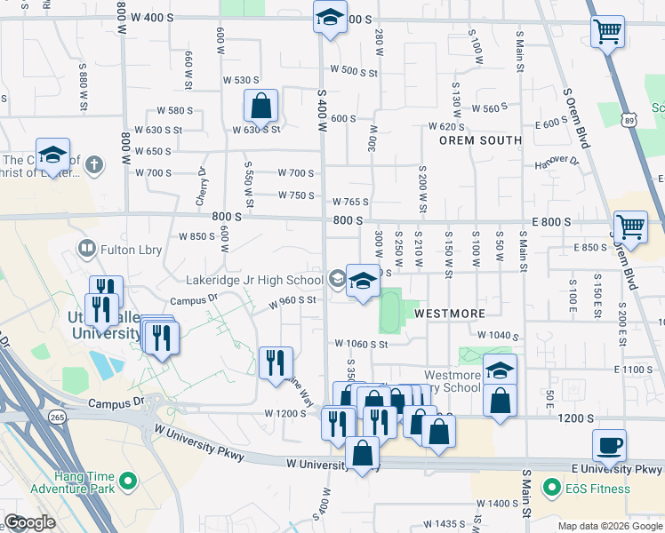 map of restaurants, bars, coffee shops, grocery stores, and more near 390 West 900 South in Orem